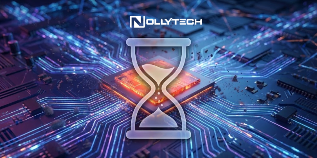 A glowing computer chip on a laptop circuit board is overlaid with a translucent hourglass symbol. The word “Nollytech” appears at the top in a modern font, while blue and orange lights highlight the digital connections.