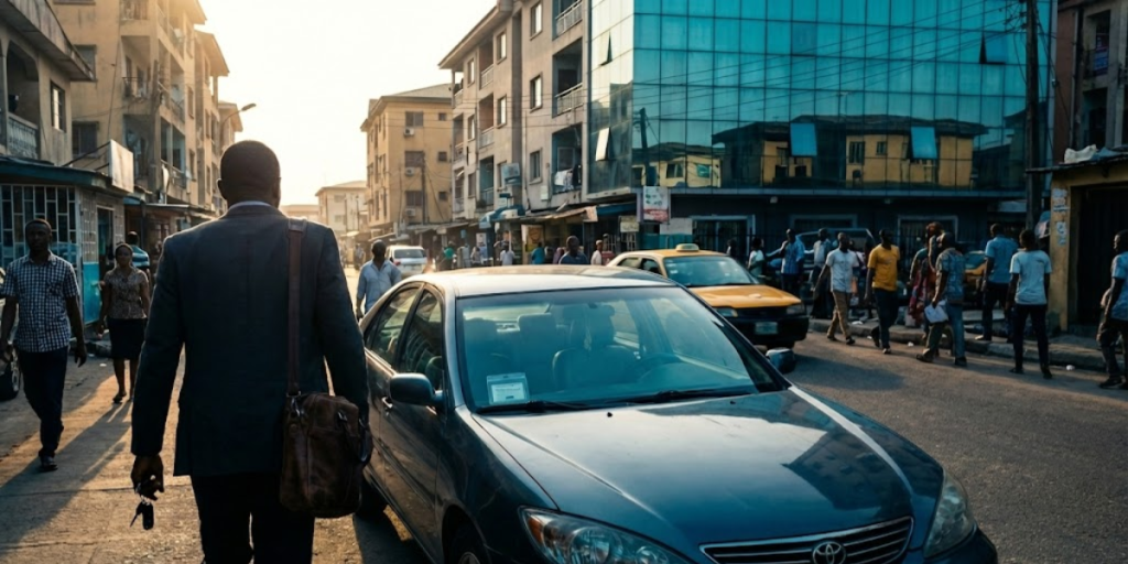 A busy city street at sunset with many people walking and cars parked along the road. A person in a suit carrying a bag walks toward the crowd, while a glass building reflects the sunlight—reminding drivers to check their car insurance.