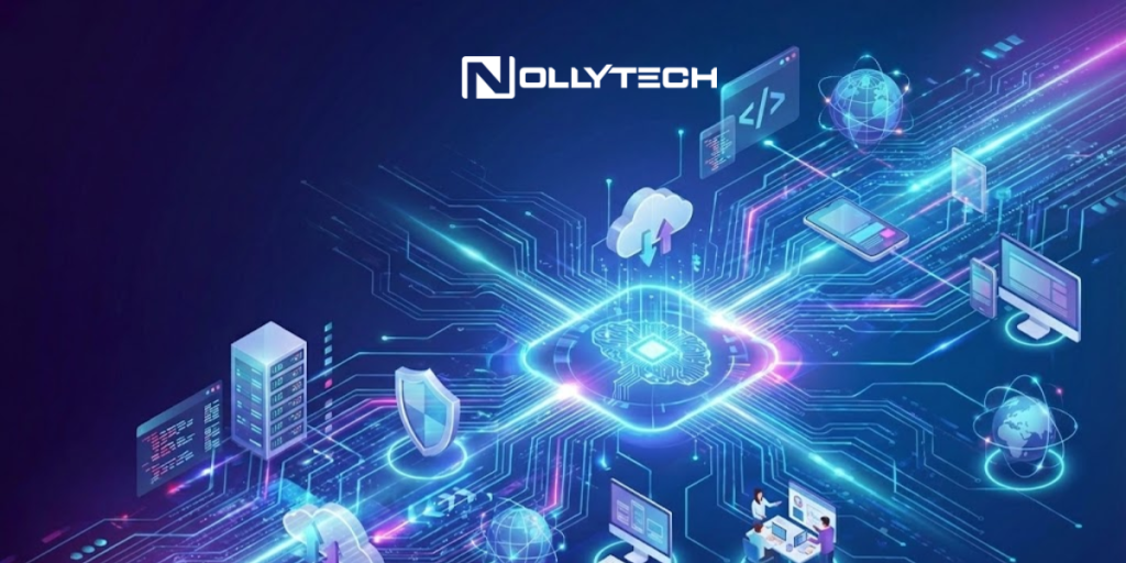 Digital illustration of a glowing computer chip at the center, connected to icons representing information technology fields like cloud computing, cybersecurity, servers, programming, and digital devices, with the Nollytech logo at the top.