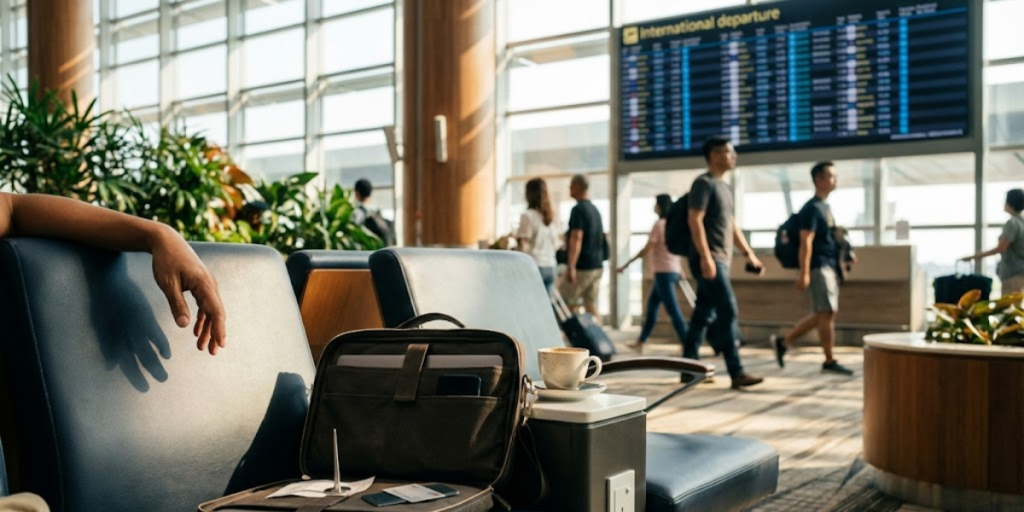 A waiting area at an airport terminal with empty seats, a briefcase, coffee cup, and gadgets in the foreground. Travelers walk past large windows as an international departures board and a guide on how Uber works are visible in the background.