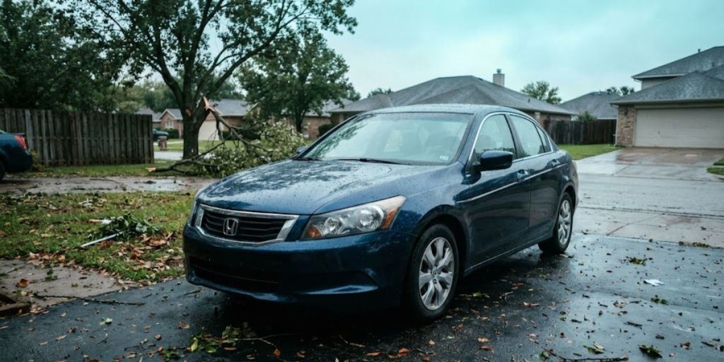 A blue Honda sedan parked on a wet suburban street, surrounded by storm debris and fallen branches—a reminder of how comprehensive car insurance can help protect against unexpected weather damage. Houses and trees stand under a cloudy sky.