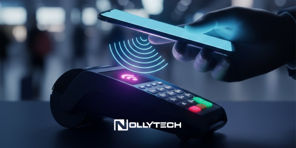 A hand holds a smartphone above a payment terminal, digital waves signaling wireless payment—showcasing how Google Pay works. The scene is modern and high-tech, with the NollyTech logo at the bottom center.