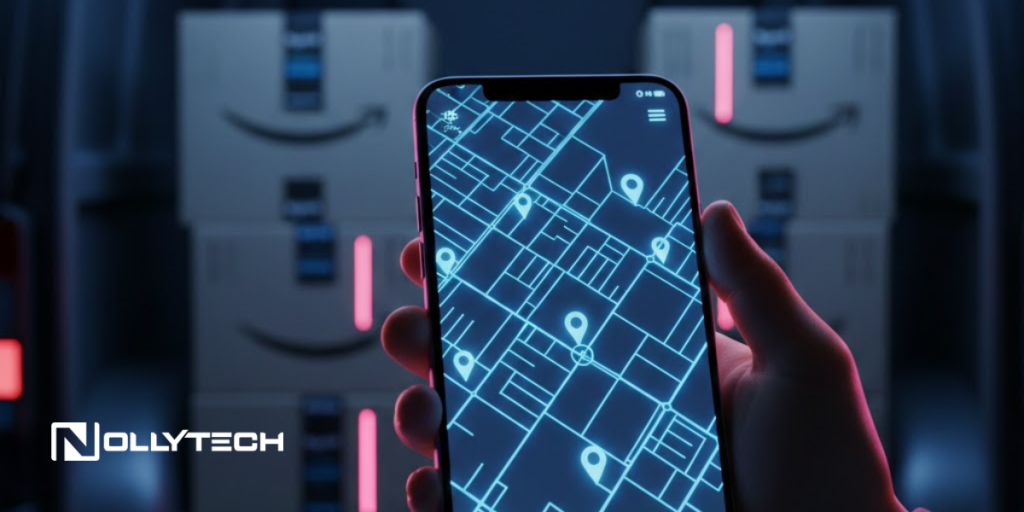 A hand holds a smartphone displaying a digital map with location pins, highlighting how to track Amazon order easily. In the background, stacked packages with illuminated lines are visible. The NollyTech logo appears in the corner.