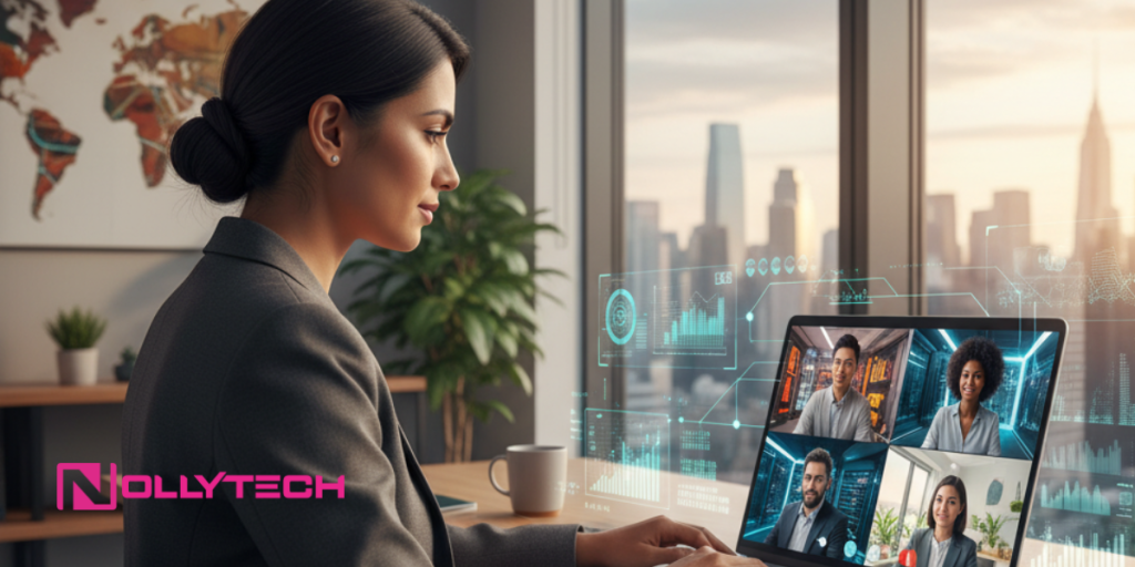 A woman in a modern office experiences the positive effects of computer technology as she joins a virtual meeting with four colleagues. Digital charts appear on her laptop, with the Nollytech logo on-screen and a cityscape visible through the window.