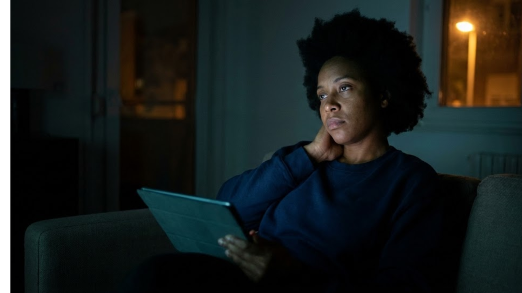A person sits on a couch in a dimly lit room at night, looking thoughtful or concerned while holding a tablet—the glow highlighting their face as they reflect on the negative effects of technology.