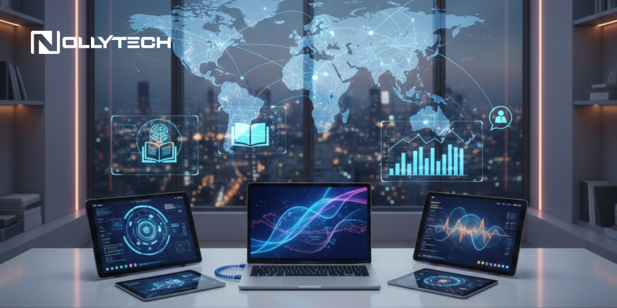 Benefits of Internet: A Guide for Global Professionals A modern office with a laptop, two tablets, and a smartphone displaying data visualizations—highlighting the advantages of the internet—set before a window overlooking a cityscape at night. Digital icons and a world map are overlaid. NOLLYTECH logo in the top left.
