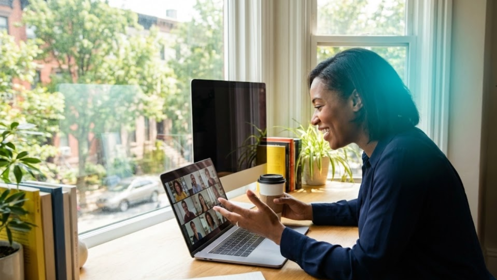 A woman sits at a desk by a window, holding a coffee cup and smiling at her laptop during a video conference call about the effects of social media. The screen shows several people in a virtual meeting. Books and plants are on the desk.