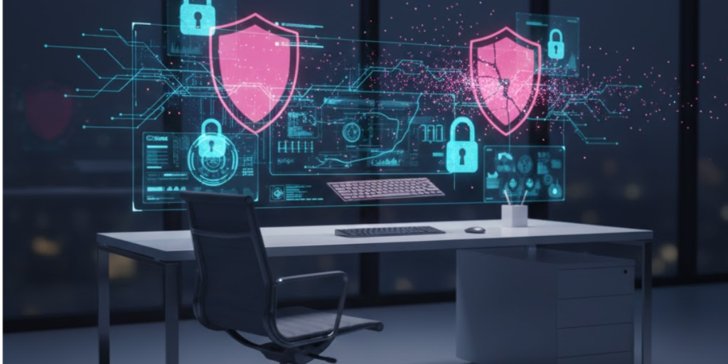A modern office desk with a computer, keyboard, and chair. On the screen are digital graphics of pink shields and padlocks, symbolizing cybersecurity and data protection against the disadvantages of internet use in a dark, high-tech setting.