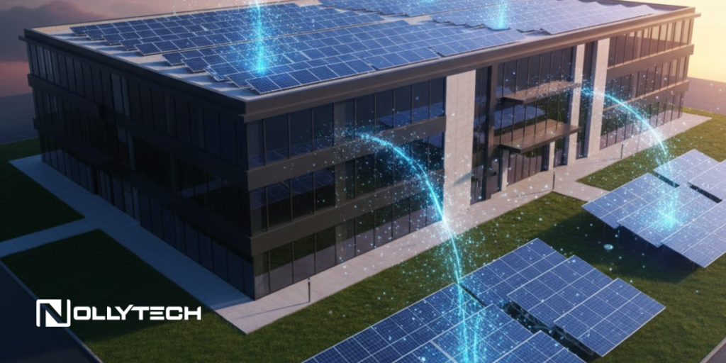 A modern building with solar panels on the roof and ground, connected by animated blue energy arcs to symbolize solar energy advantages and disadvantages. NollyTech logo is visible in the bottom left corner.