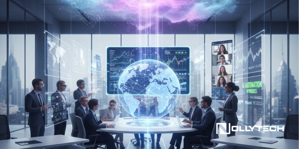 A group of businesspeople sits around a conference table in a modern office, interacting with virtual screens and a holographic globe that highlights the impact of technology. Charts, graphs, and video calls are displayed; the logo NOLLYTECH appears in the corner.