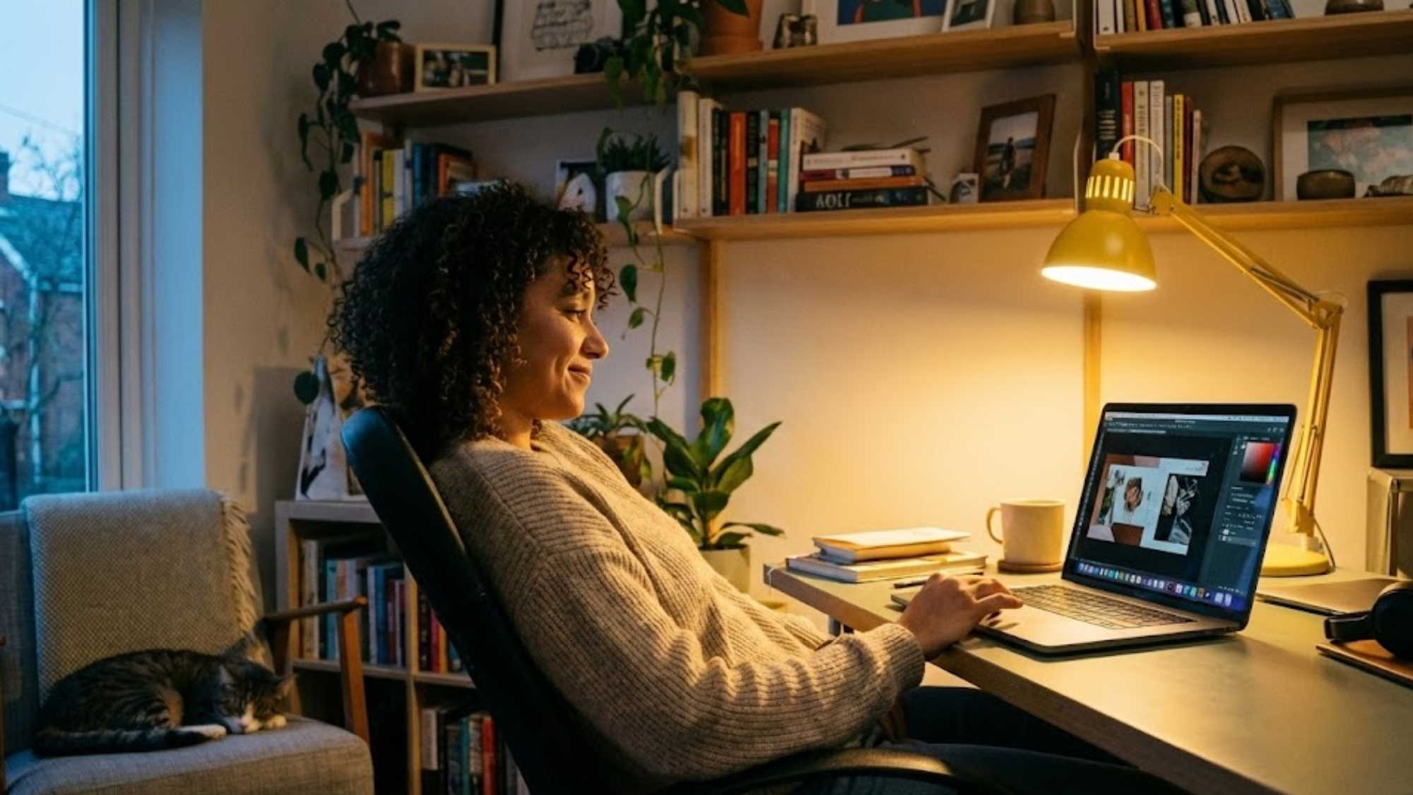 Is Technology Good or Bad? A woman sits at a desk working on a laptop in a cozy, well-lit home office with bookshelves, plants, and a yellow lamp, perhaps pondering why technology is bad as her cat naps on an armchair by the window.