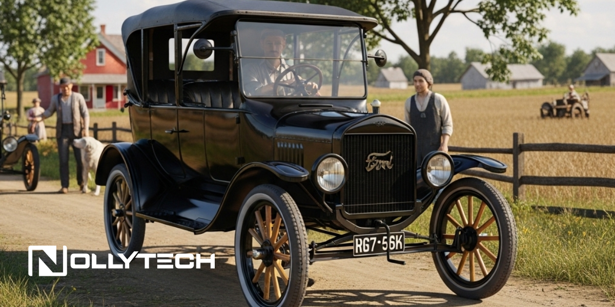 A vintage black Ford Model T drives on a rural dirt road, passing by people near wooden fences and fields, with farmhouses and trees in the background. Wondering when did Ford start making cars? The Nollytech logo is in the lower left corner.