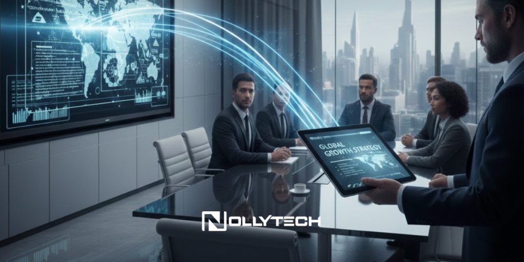 A business meeting in a modern office shows people in formal attire around a table. One person uses a tablet displaying Global Growth Strategy, demonstrating how to use screen mirroring app with digital data streams on the large world map screen. The Nollytech logo is visible.