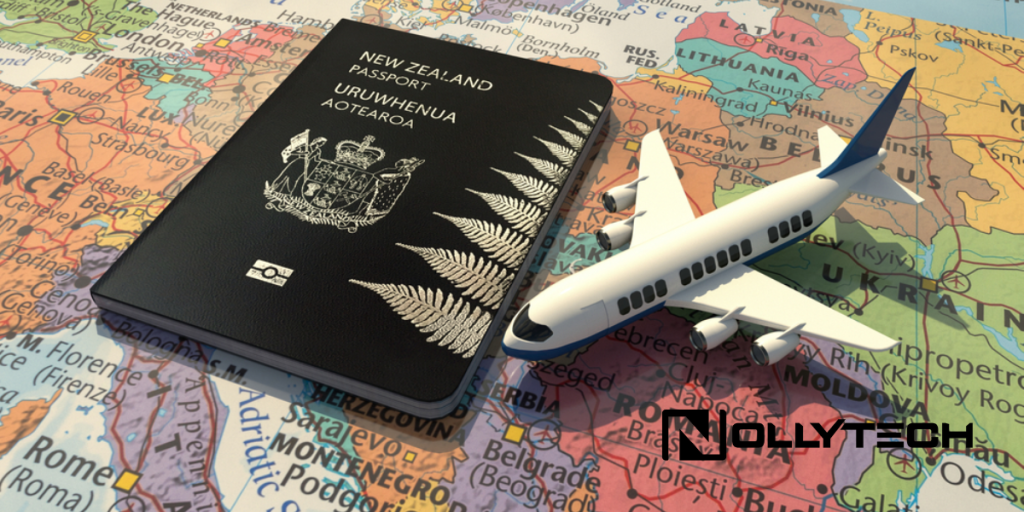 A New Zealand passport and a small toy airplane rest on a colorful world map, suggesting travel and international journeys. The scene hints at the ease of planning trips today—just check visa status online. The Nollytech logo appears in the lower right corner.