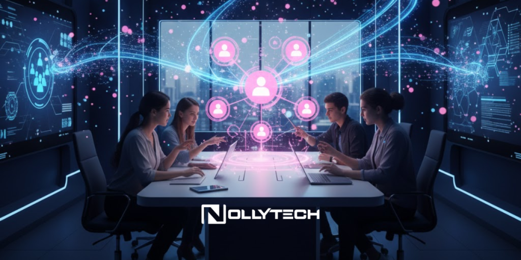 Five people collaborate at a digital table with glowing network icons and data graphics, representing technology, connectivity, and tools like a Twitter account for schools. “NOLLYTECH” is displayed at the bottom center of the image.