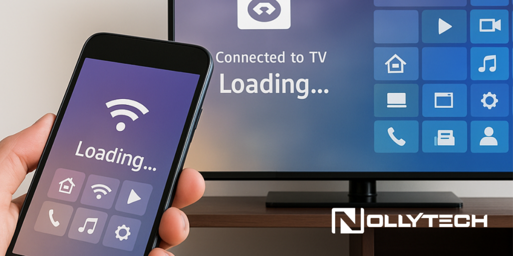 A hand holds a smartphone displaying a loading screen with app icons; in the background, a TV shows a similar interface and “Connected to TV Loading...” text, highlighting how easy it is to connect phone to TV with the Nollytech logo visible.