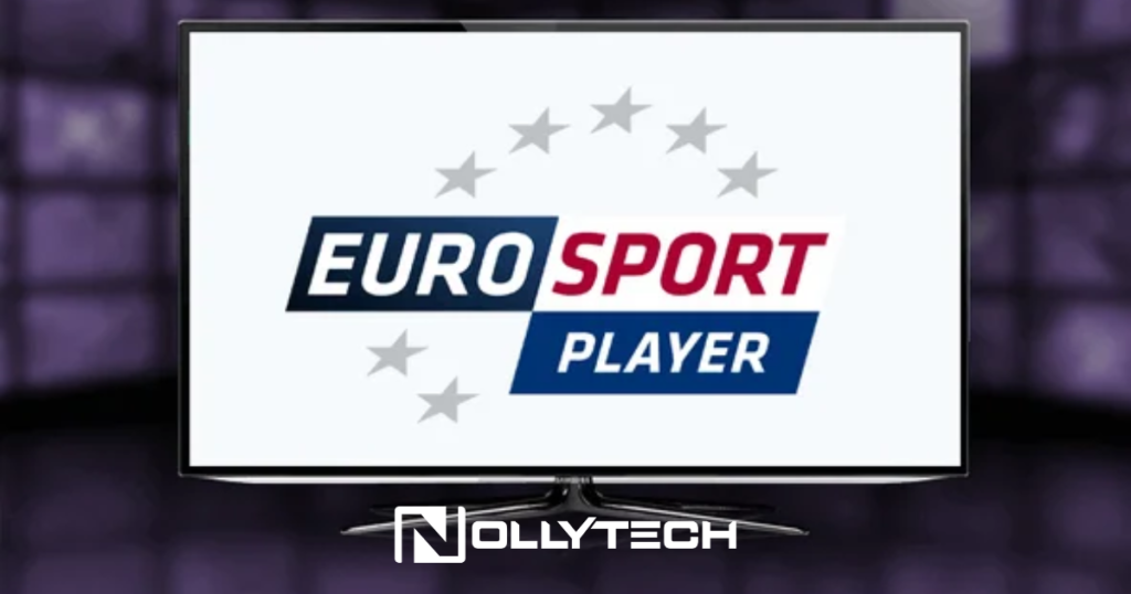 A television showing the Eurosport Player logo, with a ring of stars surrounding EUROSPORT PLAYER in vibrant blue and red text. The Nollytech logo graces the screens bottom frame, hinting at the exciting possibility of an exclusive Eurosport Player free trial offer.