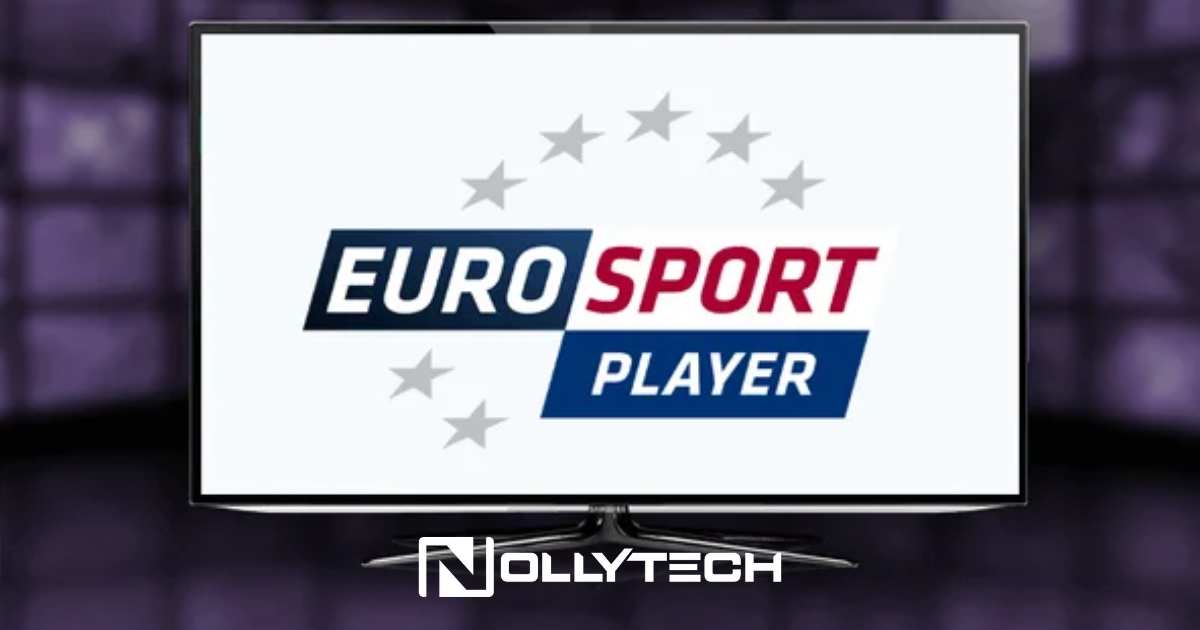 How to Start Eurosport Player Free Trial A television showing the Eurosport Player logo, with a ring of stars surrounding EUROSPORT PLAYER in vibrant blue and red text. The Nollytech logo graces the screens bottom frame, hinting at the exciting possibility of an exclusive Eurosport Player free trial offer.