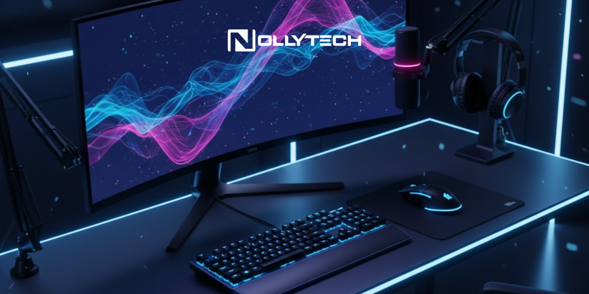 Input and Output Devices: A Professional's Guide to Computer Peripherals A futuristic gaming setup with a curved monitor displaying colorful waves, LED-backlit keyboard and mouse, headset on a stand, and microphone—all input and output devices of a computer—illuminated by blue lighting. NollyTech logo is shown on the screen.