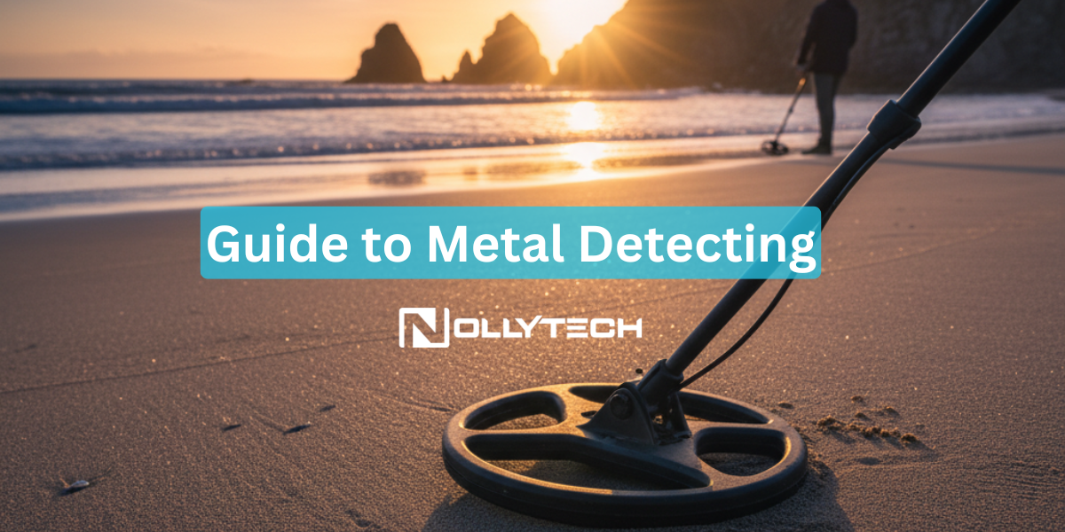 Mastering the Metal Detecting Hobby: A Comprehensive Guide A person enjoys the hobby of metal detecting on a sandy beach at sunset, with waves and rocky cliffs in the background. Text on the image reads, Beginner's Guide to Metal Detecting.