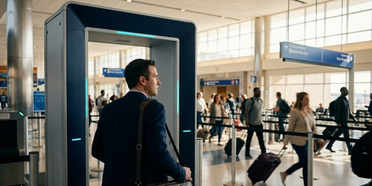 A man in business attire goes through airport metal detectors at an airport while other travelers wait in line and walk through the terminal, carrying bags and suitcases. Signs hang above indicating directions.