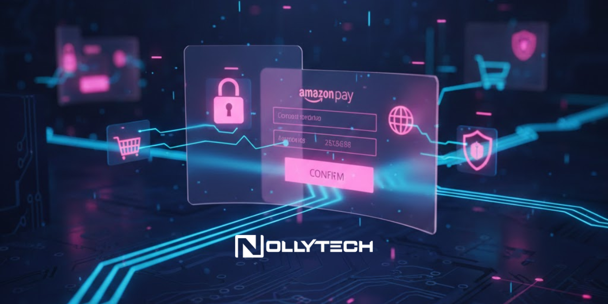 Amazon Pay for Business: Complete Merchant Guide A digital interface displays icons for security, online payment, and shopping carts, featuring an Amazon Payments login screen. Glowing circuit lines illuminate the background. The word NOLLYTECH appears at the bottom center.