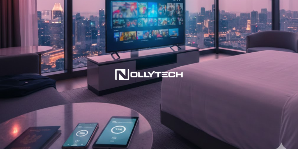 A modern hotel room with a large bed, city view through floor-to-ceiling windows, a TV displaying netflix price and streaming options, two smartphones charging on a table, and NollyTech logo overlaid at the center.
