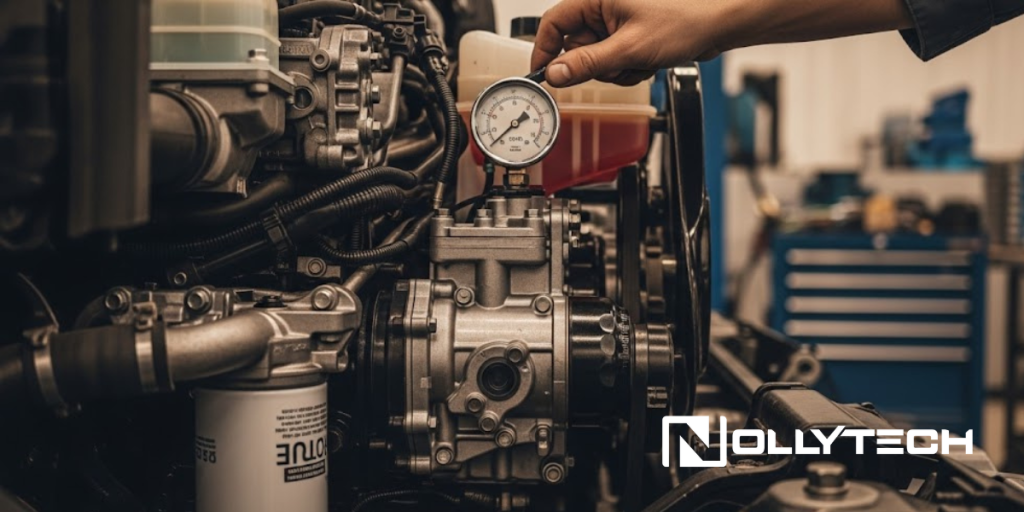 A hand holds a pressure gauge attached to a diesel engine while inspecting for causes of low oil pressure among mechanical components in a workshop. The Nollytech logo appears in the lower right corner.