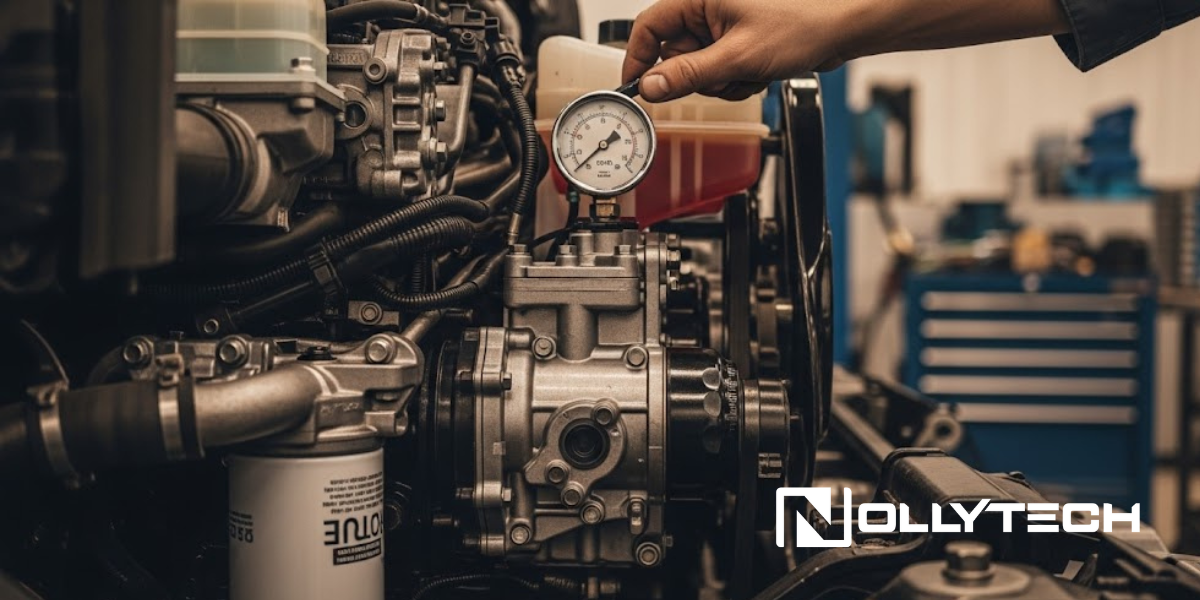 A hand holds a pressure gauge attached to a diesel engine while inspecting for causes of low oil pressure among mechanical components in a workshop. The Nollytech logo appears in the lower right corner.