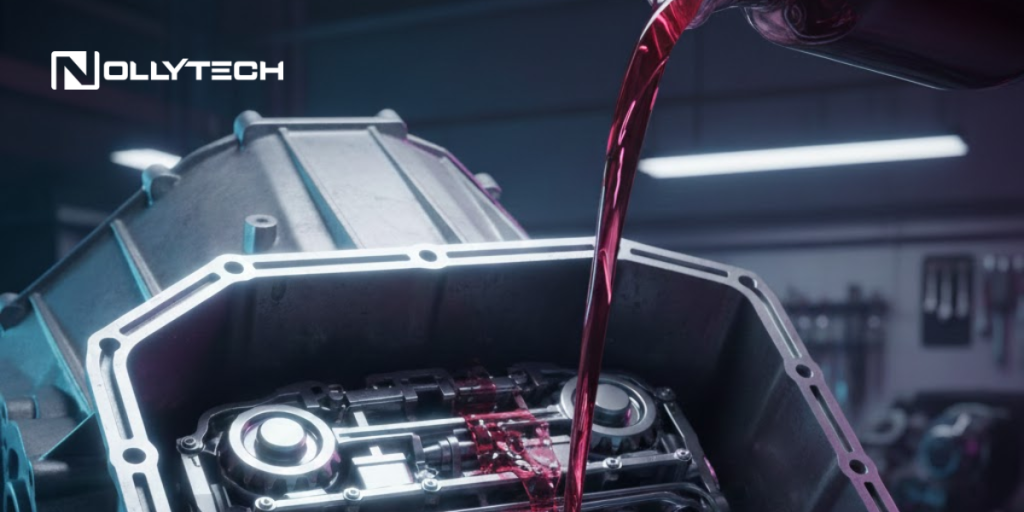 A close-up of red transmission fluid being poured into an open car transmission system in a workshop, highlighting the correct 4L60E transmission fluid type, with the Nollyntech logo in the top left corner.