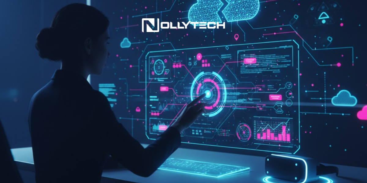 A person interacts with a futuristic digital touchscreen interface displaying data charts, graphs, and cloud icons, highlighting the synergy of Technology And Education. The word NOLLYTECH glows at the top of the screen.