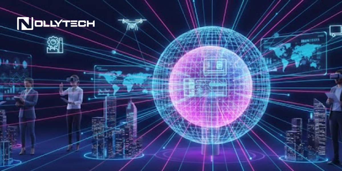 5G Technology: The Pros, Cons and Potential Implications A glowing digital sphere with interconnected lines is surrounded by people using technology, holographic screens, and buildings, symbolizing global connectivity, 5G technology, and innovation. The NOLLYTECH logo appears at the top left.
