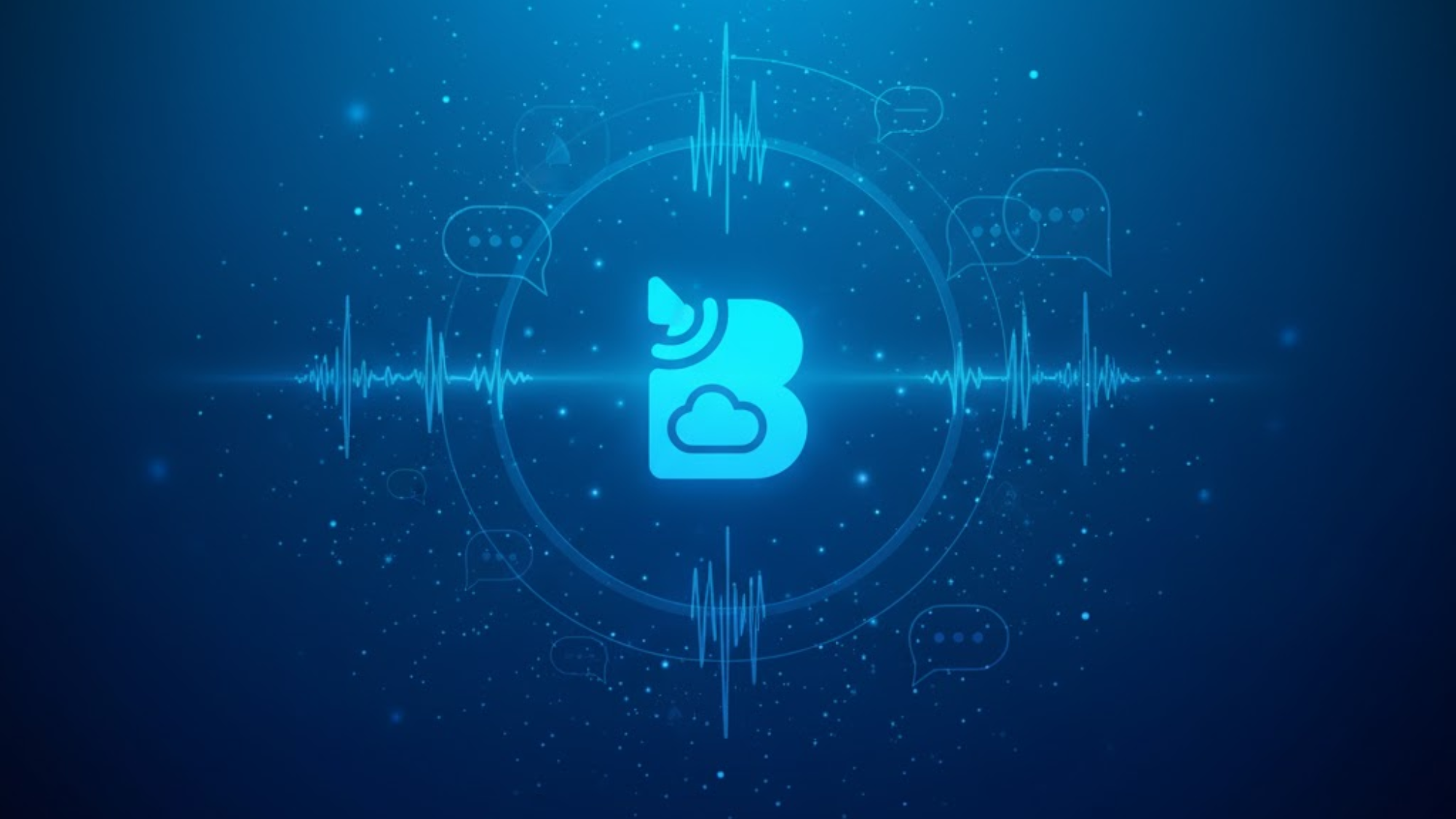 A glowing blue letter B with a cloud and sound wave icon inside is centered on a dark blue background, surrounded by digital sound waves and speech bubbles—perfect for showcasing Best Twitter Alternatives.