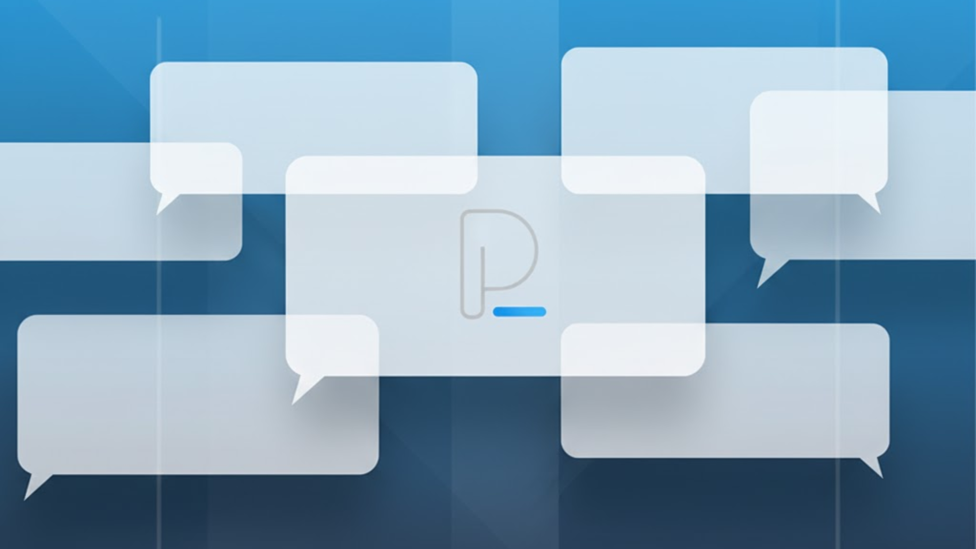A graphic with overlapping translucent chat bubbles on a blue gradient background, highlighting a central chat bubble with a stylized P and blue underscore—perfect for showcasing the Best Twitter Alternatives.