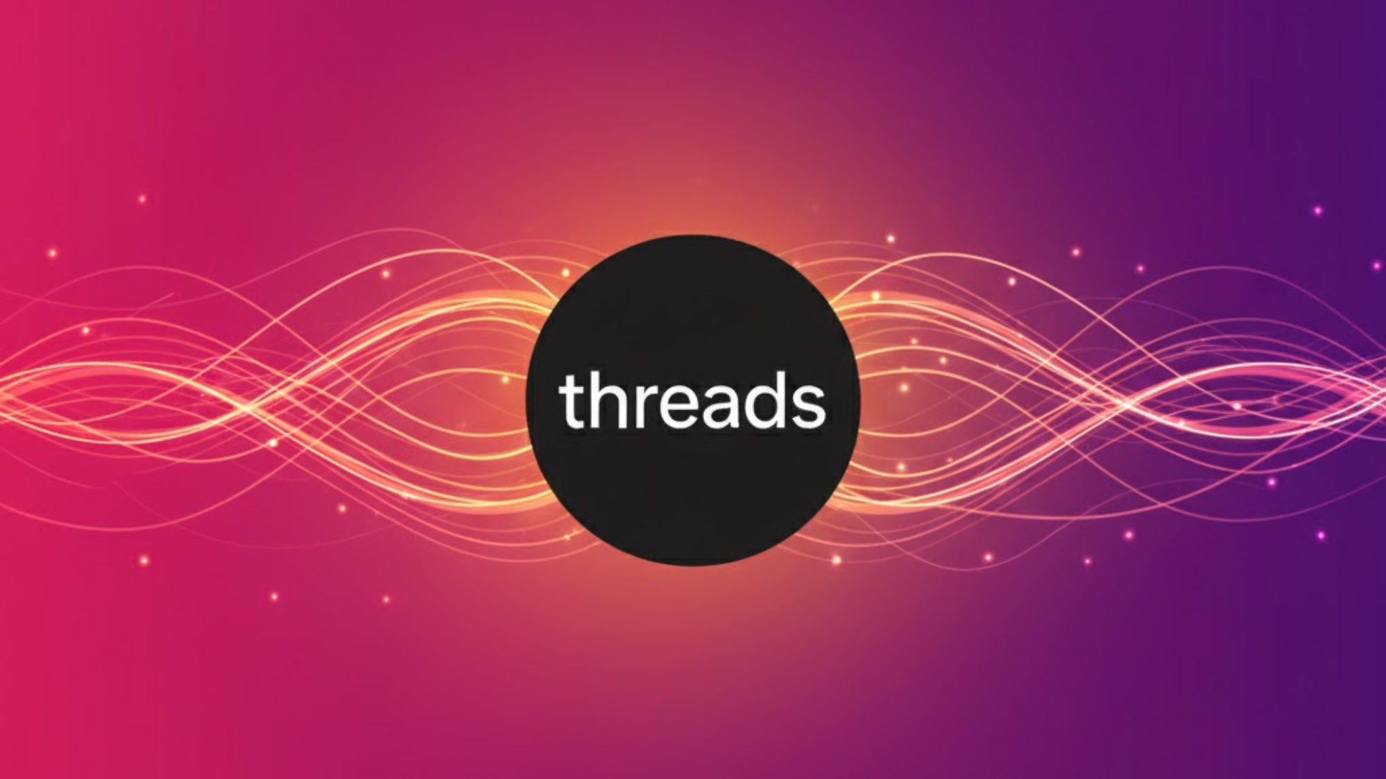 A black circle with the word threads in white text is centered on a vibrant gradient background, with glowing, wavy lines of light radiating outward—capturing the dynamic energy of one of the Best Twitter Alternatives.