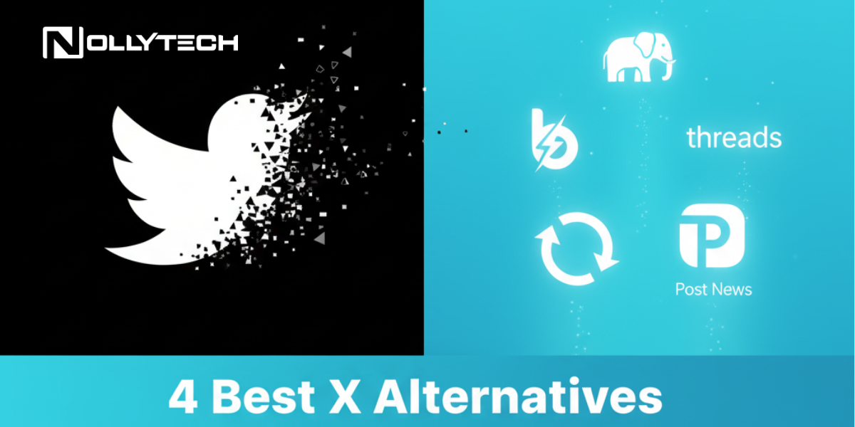 4 Best X (Twitter) Alternatives Split image: left side shows the Twitter X logo dissolving, and the right lists four icons representing the Best Twitter Alternatives—an elephant, threads, a circular arrow, and Post News. Text below reads: 4 Best X Alternatives.