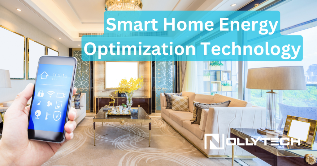 A hand showcases smart home energy optimization technology apps on a smartphone in a chic living room. Text highlights Smart Home Innovation. The space boasts contemporary furniture, expansive windows, and a serene nature view. Logo at the bottom right enhances the modern touch.