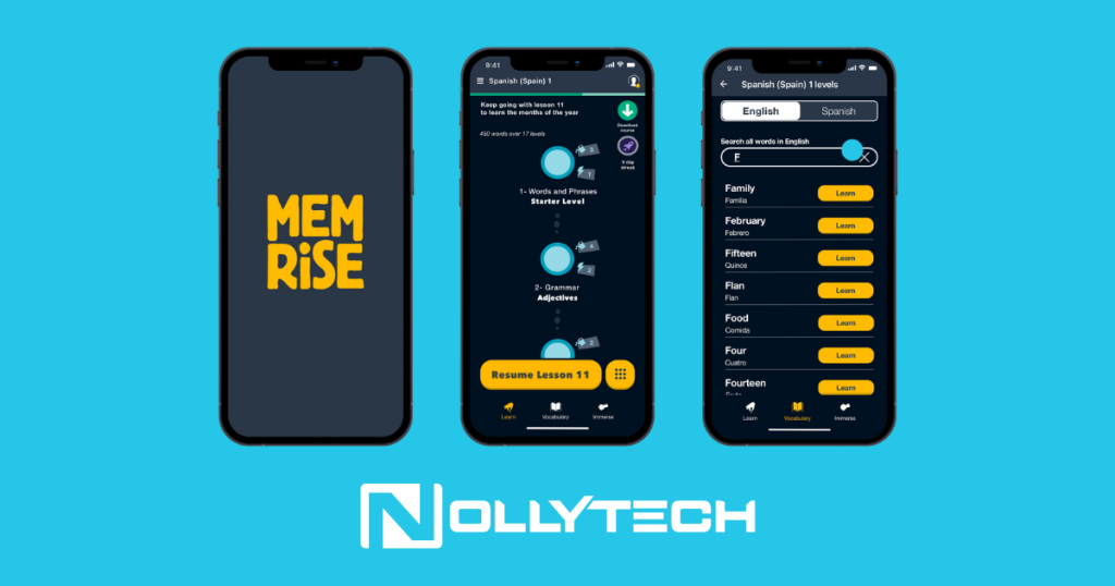 Three smartphone screens showcase the Memrise app interface. From the app logo to a Spanish learning progress screen, and an English-Spanish vocabulary list, it aims to boost meeting productivity in language learning. A blue backdrop features the NollyTech logo at the bottom.