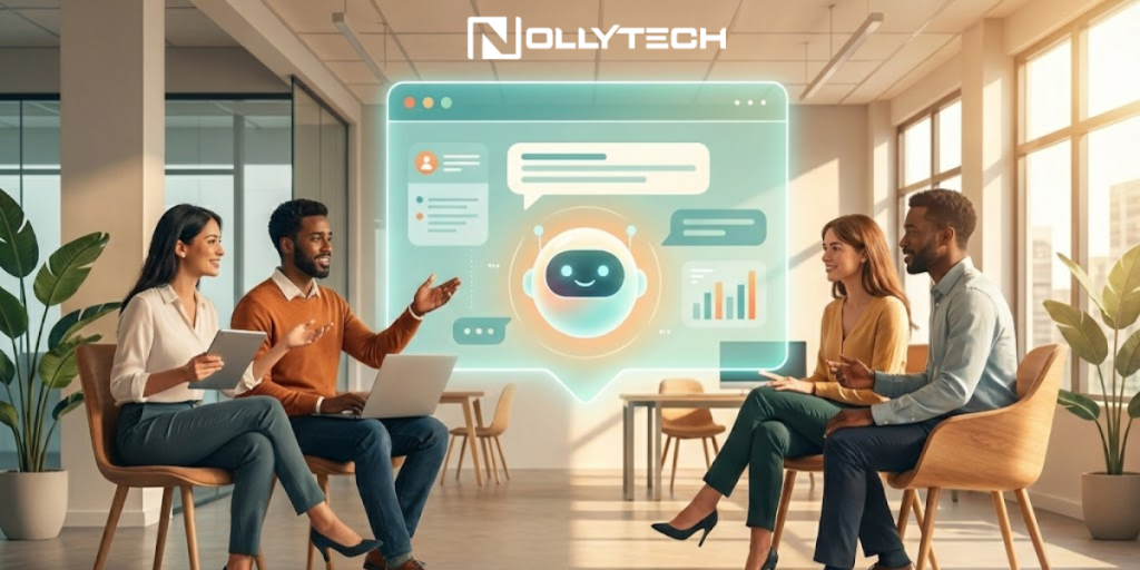 Four professionals sit in a modern office discussing a large digital screen displaying a chatbot, graphs, and messages. The word “Nollytech” appears at the top of the image.