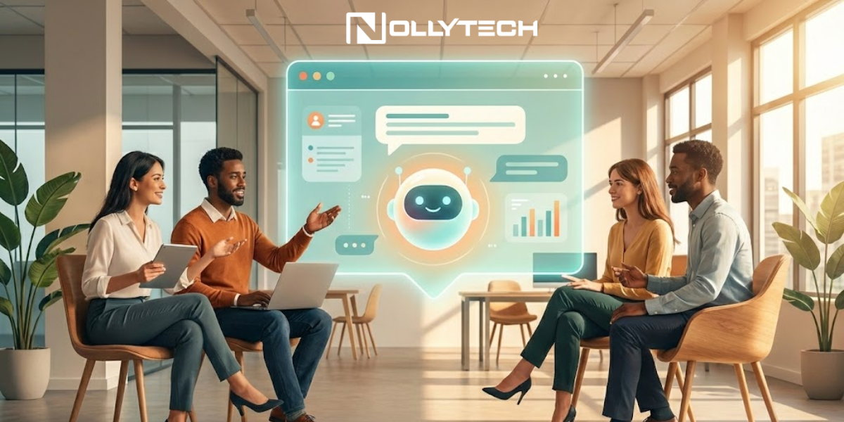 Four professionals sit in a modern office discussing a large digital screen displaying a chatbot, graphs, and messages. The word “Nollytech” appears at the top of the image.
