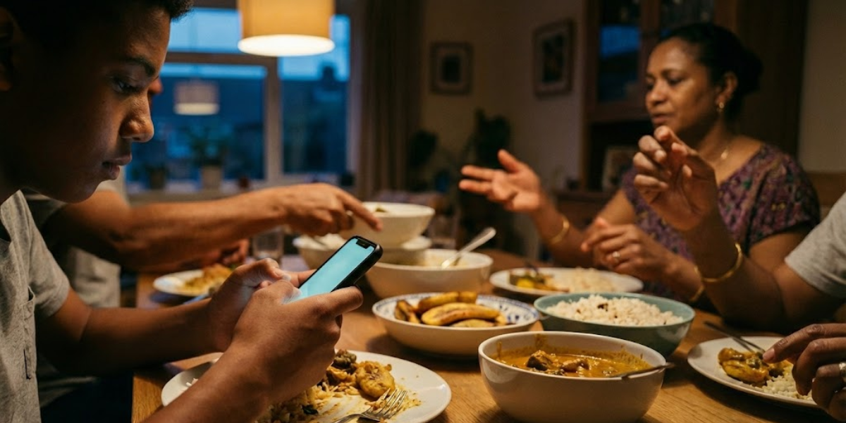 How Does Social Media Affect the Youth? A family sits around a table sharing rice, curry, and plantains. One person, highlighting the impact of social media on youth, is focused on their phone while others serve food and talk in a warmly lit dining room.