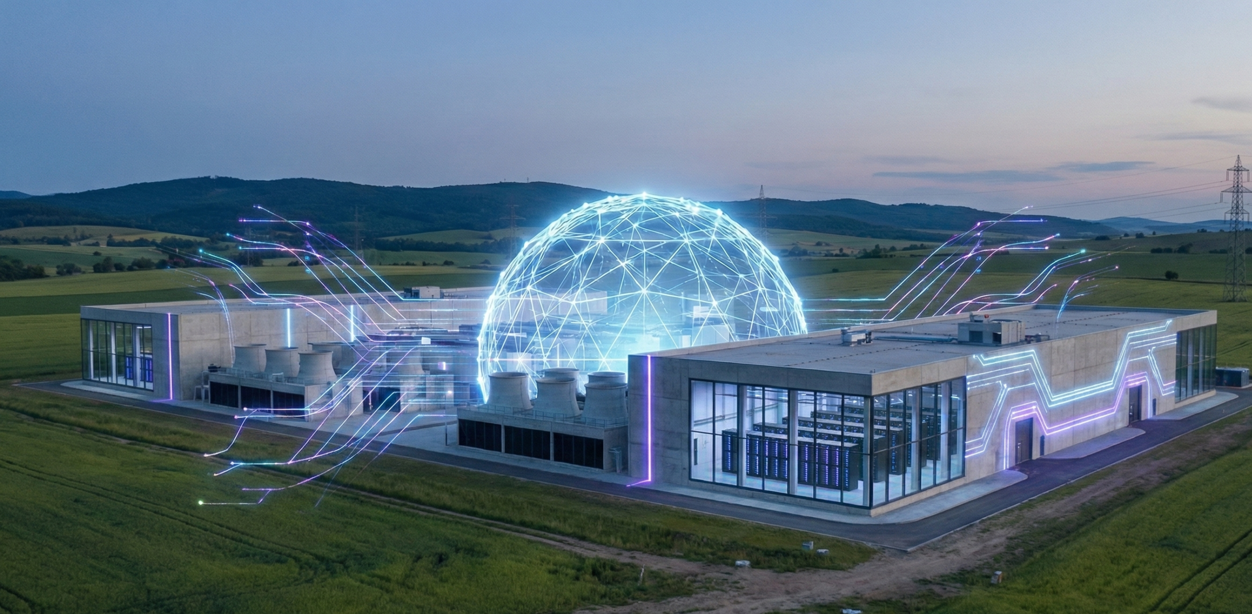 A modern AI data center in a green field features a glowing digital dome and neon lines, symbolizing data flow and connectivity, with hills and power lines visible at dusk—highlighting its positive economic impact on surrounding communities.