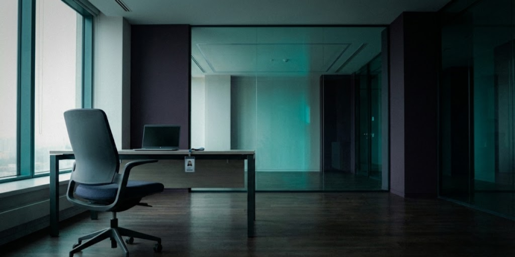 A modern, empty office with a desk, an office chair, a closed laptop, and large floor-to-ceiling windows letting in natural light—a calm space reflecting on the future and the many jobs AI will replace. The room features dark floors and glass partitions.