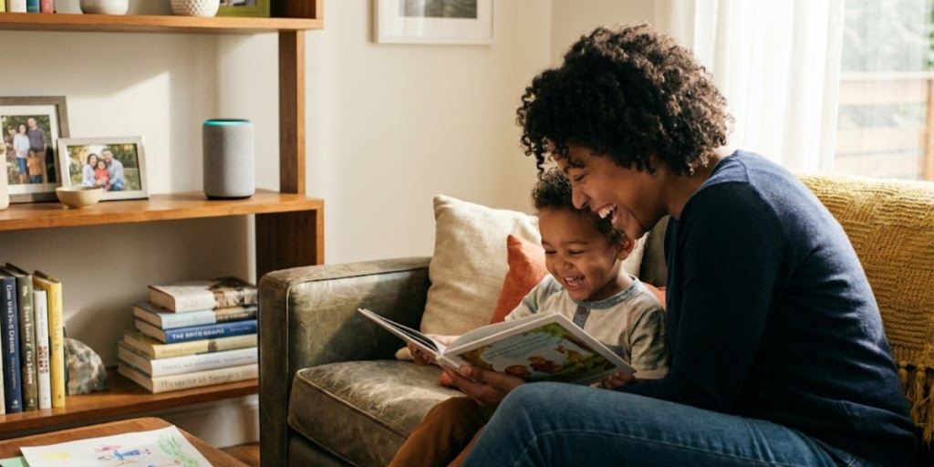 A woman and a young child sit on a couch, smiling and reading a book together in a cozy living room—sharing special moments that help her become a better parent. Bookshelves and framed photos fill the background with warmth.