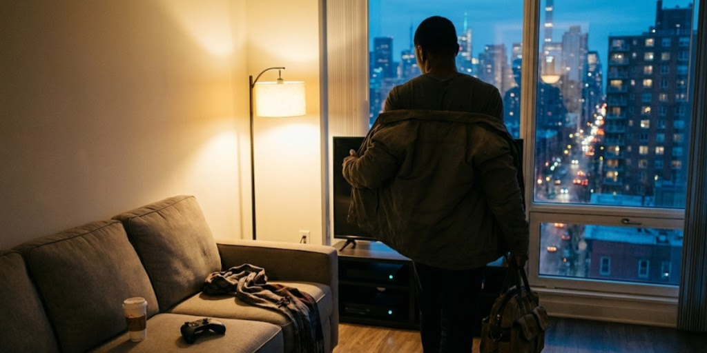 A person stands in a modern apartment at dusk, holding a coat and bag while looking out large windows at a city skyline. In the foreground, a sofa scattered with clothes and a game controller hints at the negative effects of video games.