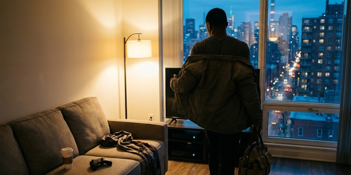 A person stands in a modern apartment at dusk, holding a coat and bag while looking out large windows at a city skyline. In the foreground, a sofa scattered with clothes and a game controller hints at the negative effects of video games.