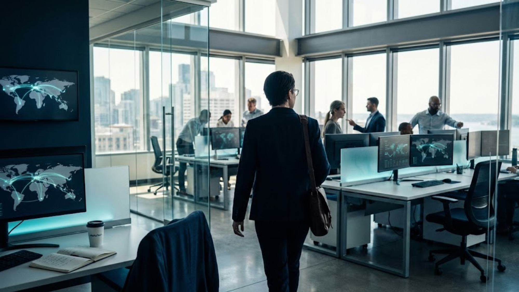 A modern office with large windows and a city view. Several people work at desks with computer monitors displaying world maps, while a group has a discussion in a glass-walled meeting room. One person walks toward the meeting room.