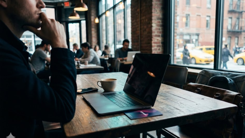 A person sits at a wooden table in a café, looking thoughtful with a laptop, coffee cup, phone, and bag on the table—reading the latest ChatGPT news. Large windows reveal a city street while others are seated inside.