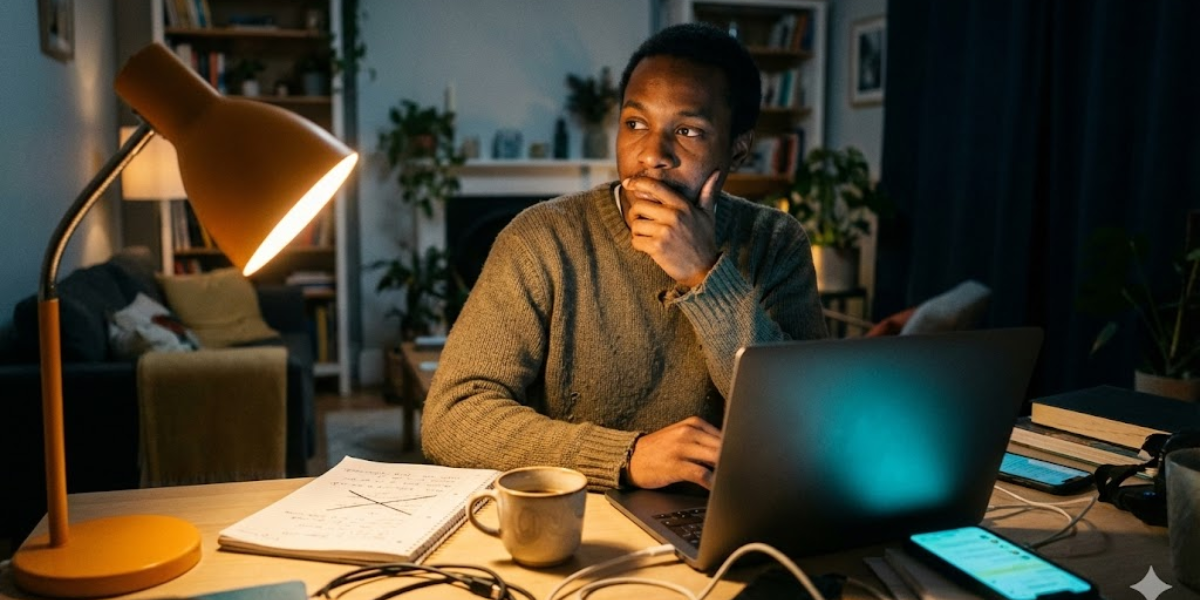 Why Authentic Creators Will Thrive in the AI Age A man sits at a desk with a laptop, notebook, mug, and phone, thoughtfully looking away from the screen. The room is warmly lit by a desk lamp, and shelves and plants are visible in the background.