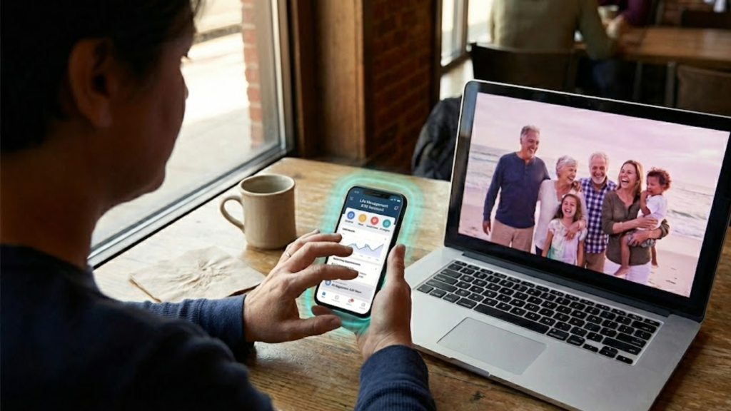 A person sits at a wooden table by a window, holding a smartphone with charts on the screen. A laptop in front of them displays a family photo at the beach. A coffee mug sits nearby.